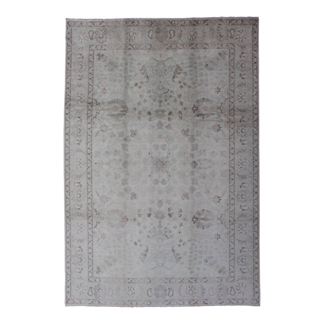 Neutral Vintage Turkish Oushak Rug With Floral Design and Medallions For Sale