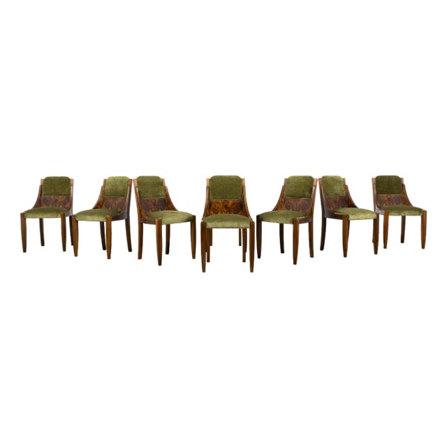 1920s French Art Deco Walnut Gondola Dining Chairs in Olive Green - Set of 8 For Sale