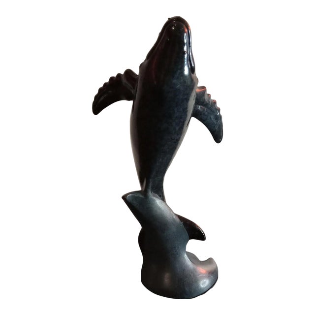 1980s Solid Resin Dolphin on Wave Figurine Statue on Pedestal For Sale