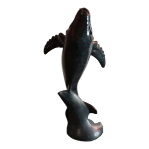 1980s Solid Resin Dolphin on Wave Figurine Statue on Pedestal