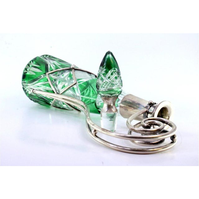 Wine Bottle in Cut Green Glass with Silver Frame and Smooth Handle with Curls For Sale - Image 5 of 9
