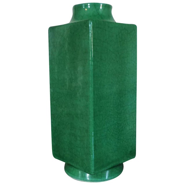 19th Century Chinese Monochrome Green Crackle Glaze Cong Shaped Vase For Sale - Image 11 of 11