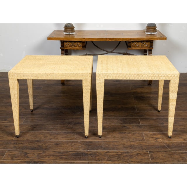 Tan Pair of Baker Furniture Midcentury Wicker Side Tables with Tapered Legs For Sale - Image 8 of 10