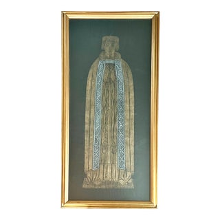 1970s 4ft Brass Rubbing of Unknown Priest Gilded Wood Frame Naples Italy Renaissance For Sale