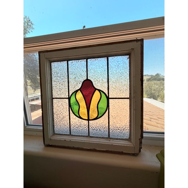 Glass Antique English Leaded Stained Glass Window-Edwardian Art Nouveau Tulip For Sale - Image 7 of 11