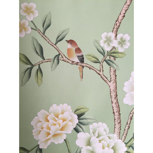 Paper A Set of 3 Panels Hand-Painted Silk Chinoiserie Wallpaper, Aqua Green Silk Wallpaper, Set of 3 For Sale - Image 7 of 10