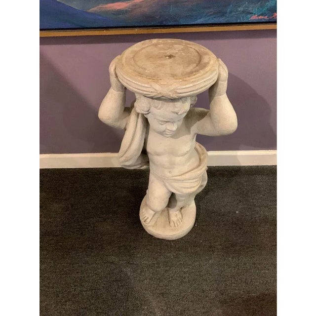 Late 20th Century Pair of Concrete Cherub Putti Planters With Stands. Large Size For Sale - Image 5 of 11