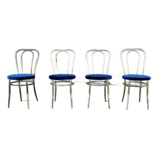 1980s Set of 4 Vintage Hollywood Regency Brass & Royal Blue Velvet Dining Chairs For Sale
