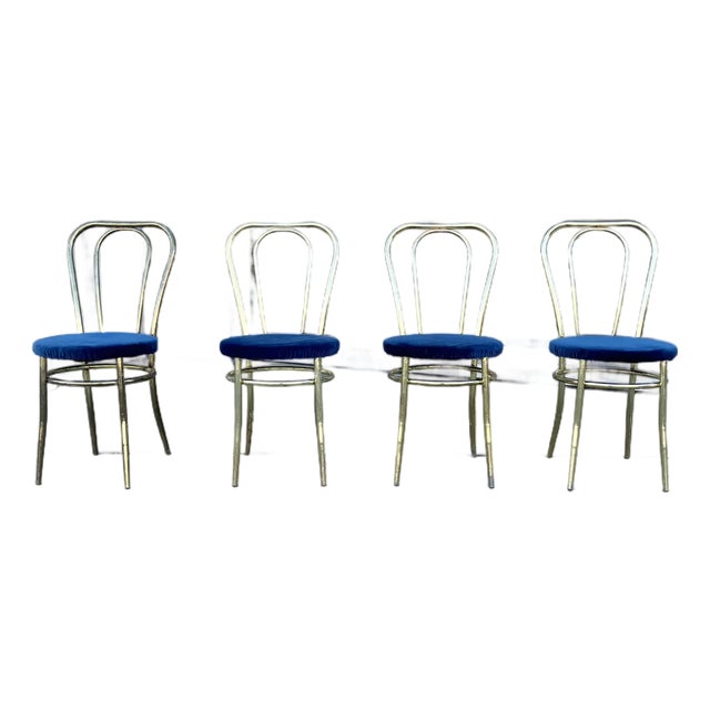 1980s Set of 4 Vintage Hollywood Regency Brass & Royal Blue Velvet Dining Chairs For Sale