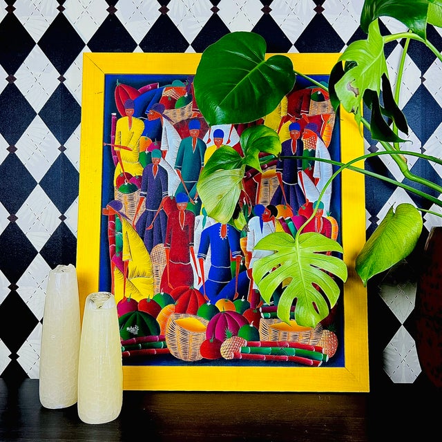 Large signed Haitian folk art painting depicting a lively market scene with groups of figures carrying baskets and...