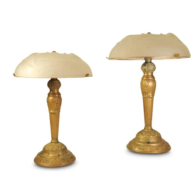 1970s French Art Deco Frosted Glass and Brass Table Lamps, 1970s, Set of 2 For Sale - Image 5 of 14
