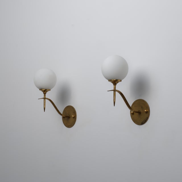 Metal Italian Brass and Opaline Glass Globe Wall Sconces, 1950s, Set of 2 For Sale - Image 7 of 11