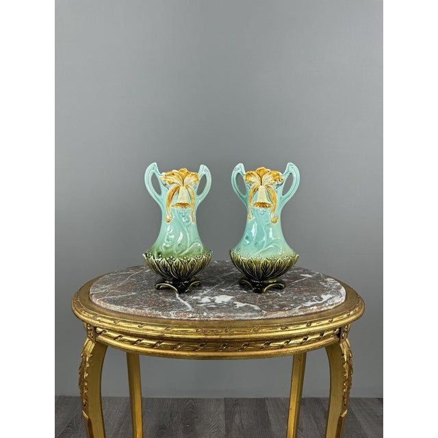 20th Century Art Nouveau Glazed Ceramic Vases with Floral Decoration, Set of 2 For Sale - Image 6 of 10