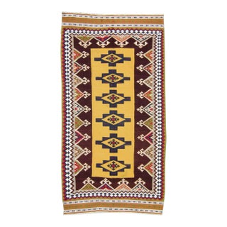 1910s Killim Geometric Maroon Mustard Yellow Rug Wool Rug - 5’1” X 9’9 For Sale