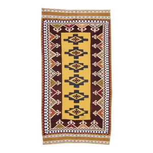 1910s Killim Geometric Maroon Mustard Yellow Rug Wool Rug - 5’1” X 9’9
