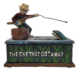 Mechanical Cast Iron Fisherman Money Box, USA, 1950s