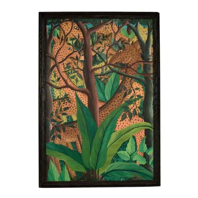 Enchanting vintage acrylic paintings on boards of two jungle scenes with African animals and trees in an eccentric...