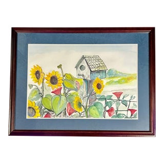 Original Watercolor Oil Pastel Sunflower Birdhouse Art-Framed-Cottagecore Decor For Sale