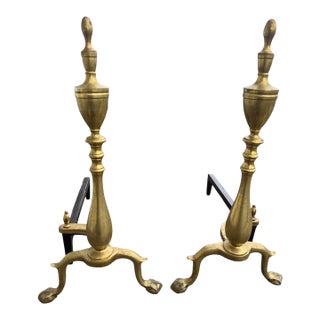 Pair 1920s Antique Brass Andirons Chippendale Claw Ball Feet Fireplace For Sale