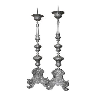 Pair of 17th Century Silver Over Copper Altar Candlesticks For Sale