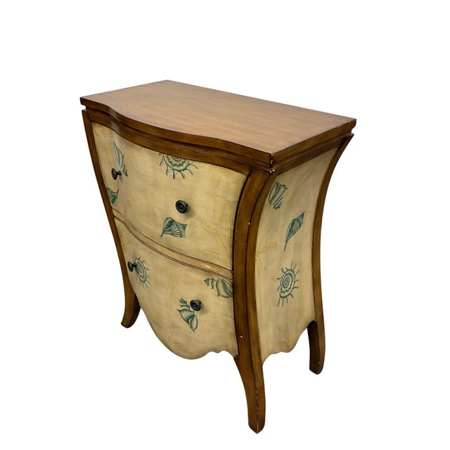 Late 20th Century Vintage Coastal Seashell Motif Bombé Two-Drawer Accent Chest For Sale - Image 5 of 12