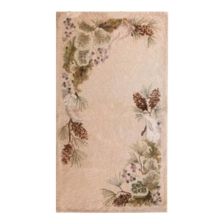 1930s Ivory Cream Floral Rustic Folk Art American Hooked Rug Hand Knotted 3'2" X 5'6" Wool Carpet For Sale