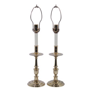 1980s Pair of Virginia Metalcrafters Brass Candlestick Lamps For Sale