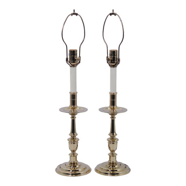 1980s Pair of Virginia Metalcrafters Brass Candlestick Lamps For Sale