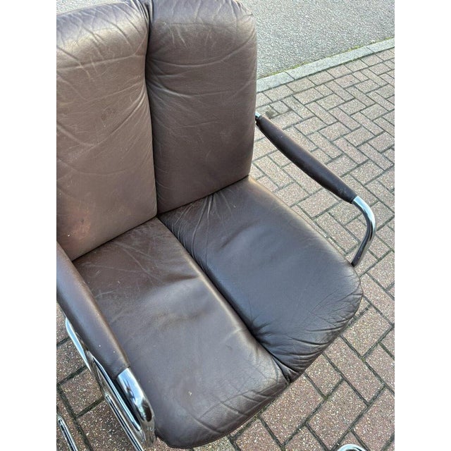 Chrome Table & Brown Leather & Chrome Pieff Chairs by Richard Young for Merrow, Set of 7 For Sale - Image 12 of 18