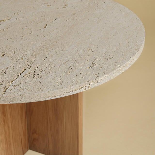 Contemporary Round Coffee Table in Roman Travertine and Oak by Lebanto For Sale - Image 3 of 4