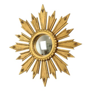 Vintage Wooden Sunburst Sun Mirror in Convex, France, 1950s For Sale