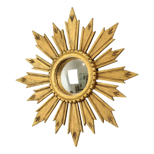 Vintage Wooden Sunburst Sun Mirror in Convex, France, 1950s For Sale