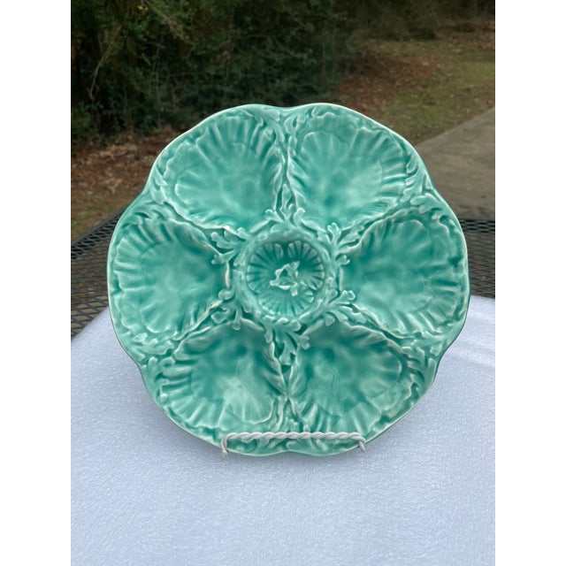1940s French Gien Turquoise Majolica Oyster Plate For Sale - Image 10 of 13