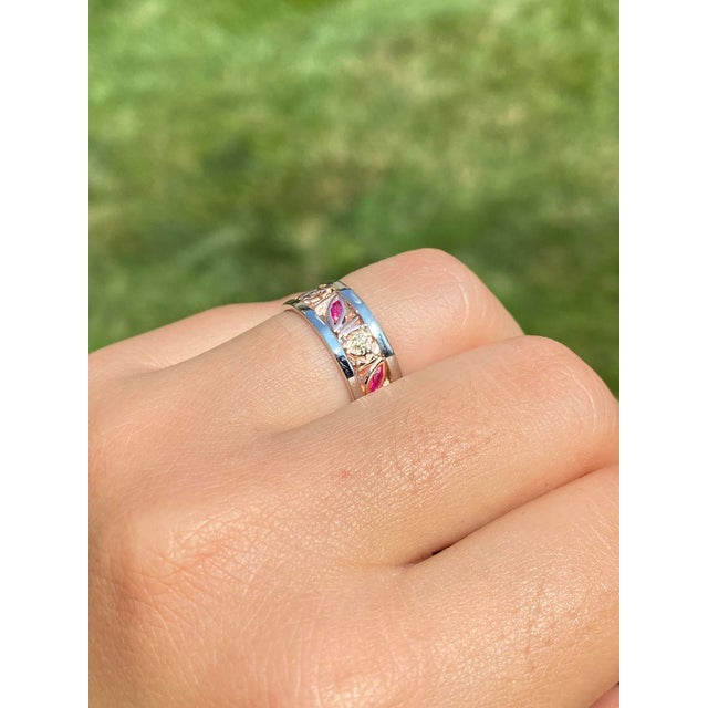 The Palo Rosa: Antique White Gold and Rose Gold Eternity Band with Ruby For Sale In Philadelphia - Image 6 of 7