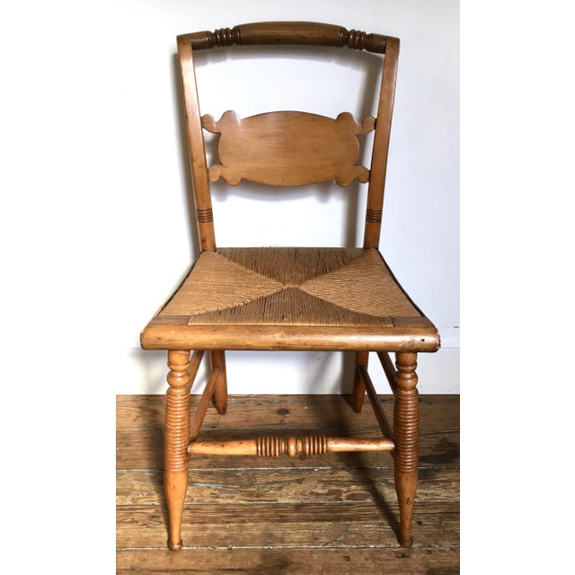 This 19th-century Hitchcock-style side chair features a turtle-back splat and traditional pillow-top rails. With a hand-...