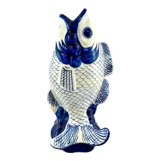 1970s Blue and White Ceramic Chinoiserie Fish Vase For Sale