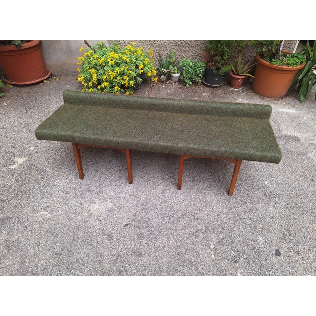 Bench in Light Wood with Green Fabric, 1960s For Sale - Image 13 of 14
