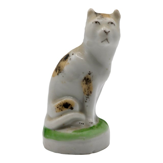 Antique English Staffordshire Miniature Pottery Seated Cat, C. 1850–1880 For Sale