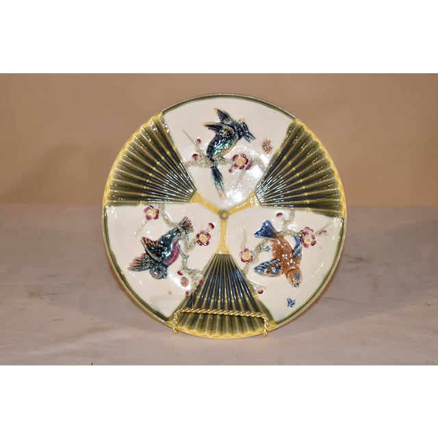 Wedgwood 19th Century Wedgwood Majolica Bird and Fan Plate For Sale - Image 4 of 9