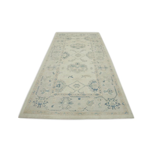 Early 21st Century Early 21st Century Cream & Blue Floral Design Handwoven Wool Turkish Oushak Runner 4'10" X 9'8" For Sale - Image 5 of 7