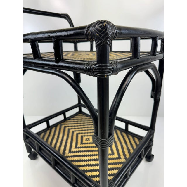 1960s Vintage Mid-Century Modern Black Woven Rattan Bar Cart For Sale In Little Rock - Image 6 of 12