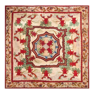 Gorgeous Ivory Background Color Floral Border Botanical Design Antique American Navajo Rug