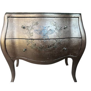 Hooker Furniture Handpainted, Bronze, Bee and Laurel Leaf Embossed 2 Drawer Bombe Chest For Sale