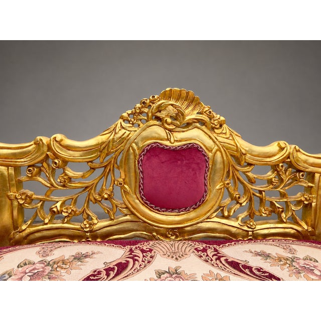 Late 20c French Louis XVI Red Velvet Gilt Beech Settee For Sale - Image 4 of 13