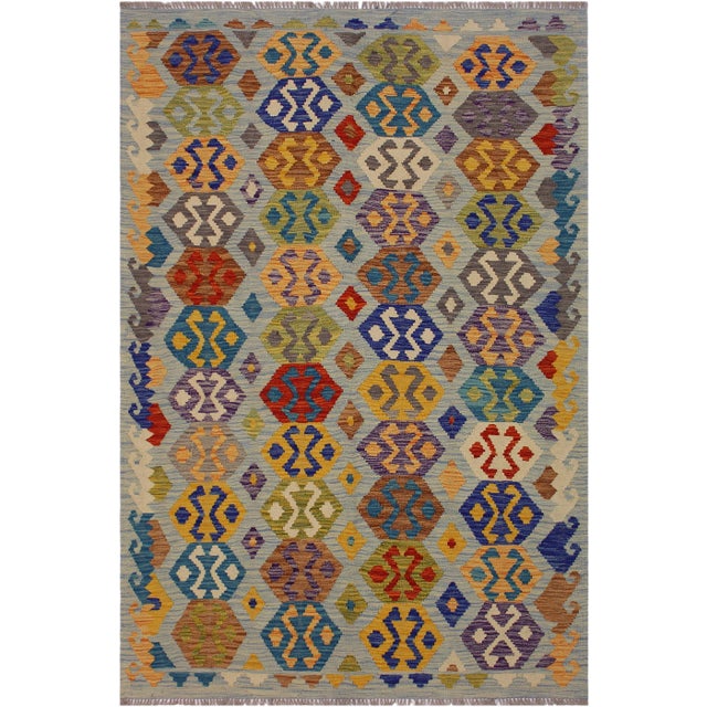 Blue Bohemian Tribal Kilim Hand-Woven Wool Rug - 5′3″ × 6′5″ For Sale - Image 8 of 8