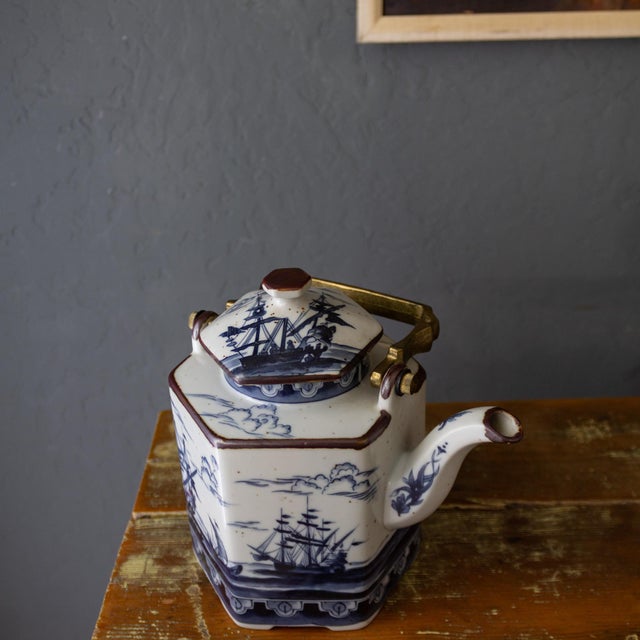 1960s Chinoiserie Nautical Maritime Earthenware Teapot With Blue Nautical Ships For Sale - Image 11 of 16