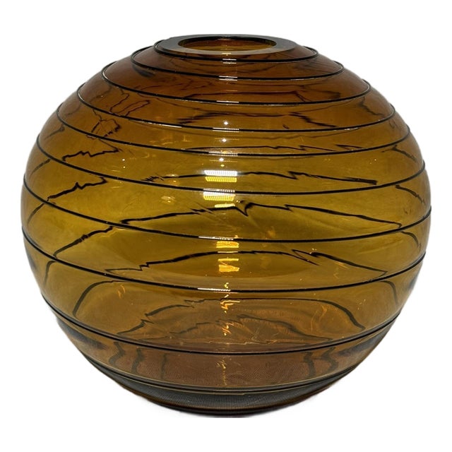 Mid-Century Art Deco Style Amber Glass Vase with Black Raised Details, 1970s For Sale