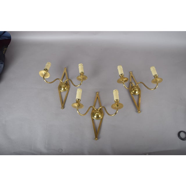 Metal French Brass Wall Sconces with Diamond Backplates, 1960s, Set of 3 For Sale - Image 7 of 18