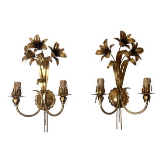 Italian Hollywood Regency Gilt Lily Sconces by Passeri, 1980s, Set of 2 For Sale