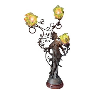 Antique Art Nouveau Figural Newel Post Lamp With 3 Beaded Tulip Shaped Lampshades, Belgian Sculptor Anton Nelson, Titled ‘Le Gui’, Early 20th Century For Sale